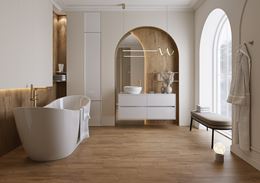 Biało-brązowa łazienka glamour z wanną wolnostojącą