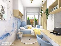 Niebieska sypialnia dziecka z drewnianymi meblami