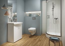 Biało-niebieska łazienka z wyposażeniem Cersanit Cersania