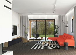 Jasny salon z czerwoną kanapą i geometrycznym dywanem