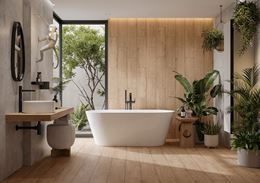 Aranżacja dużej łazienki w drewnianym wykończeniu Cersanit Woody Home