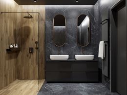 Ciemny kamień i drewniane chevrony w łazience z kabiną walk-in