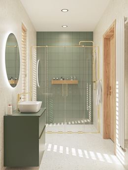 Wąska łazienka z zielonym wykończeniem strefy prysznicowej