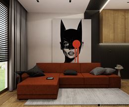 Salon wypoczynkowy z rudą kanapą i grafitowymi lamelami