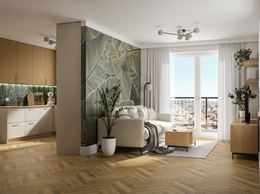 Otwarty salon w ozdobną tapetą i podłogą w drewnie