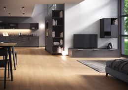 Salon z kuchnią z podłogą w drewnie Opoczno Grand Wood Prime