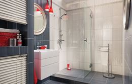 Aranżacja nowoczesnej łazienki w szarościach z dodatkiem czerwieni
