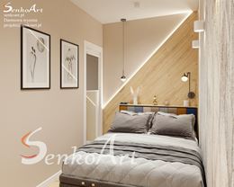 Beżowa sypialnia z asymetryczną dekoracją drewnianą