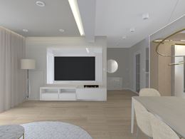 Beżowy salon z drewnianą podłogą