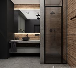Szaro-czarna łazienka z drewnem na ścianach