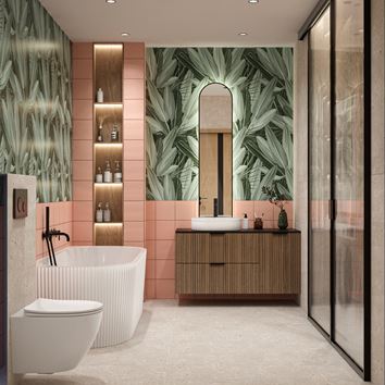 Różowo-szara łazienka z naturalnym motywem