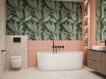 Liściasta tapeta w szaro-różowej łazience