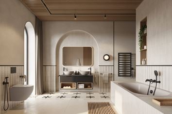 Duża łazienka w beżach z cegiełkową ścianą