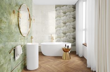 Zielona łazienka z dekorami Domino Biloba