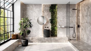 Łazienka w szarym kamieniu z naturalnym akcentem