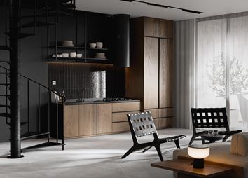 Brązowo-czarna kuchnia z salonem