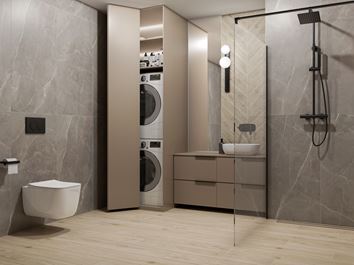 Szaro-brązowa łazienka z kabiną prysznicową walk-in