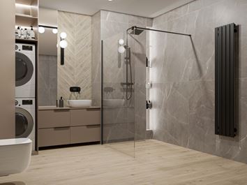 Szaro-brązowa łazienka z jodełkowym akcentem