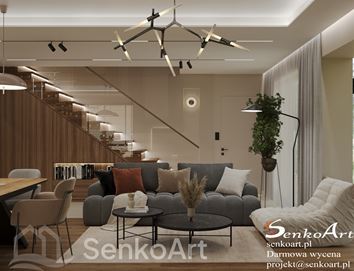 Salon w szarości, beżu i drewnie z wnęką na książki pod schodami