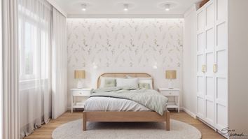 Jasna sypialnia z wzorzystą tapetą