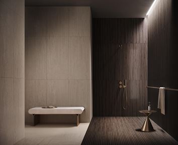 Minimalistyczna łazienka w lamelach i kamieniu