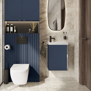 Szaro-granatowa łazienka w szarym kamieniu