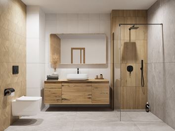 Biało-brązowa łazienka z jodełkową ścianą