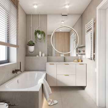 Jasnoszara łazienka z oknem i kwietnikami wiszącymi