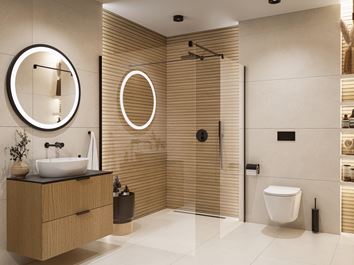 Beże i brązowa struktura w łazience z kabiną walk-in
