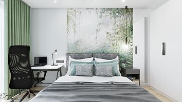 Sypialnia nowoczesna w odcieniach zieleni i szarości