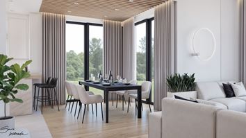 Elegancka jadalnia z lamelami na suficie