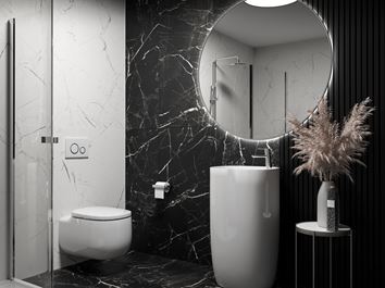 Wielkoformatowy marmur w czerni i bieli w łazience z kabiną półokrągłą