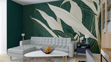 Zielony salon z botaniczną tapetą