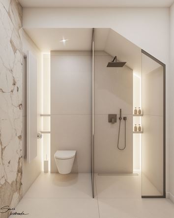 Beżowa łazienka z prysznicem walk-in