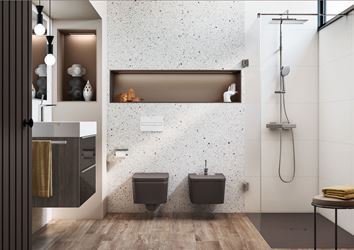 Nowoczesna łazienka ciemną ceramiką Roca Inspira