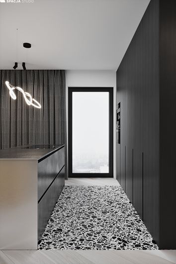 Czarno-szara kuchnia z wyspą w stylu nowoczesnym