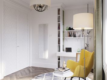 Grzejnik elektryczny z lustrzaną powierzchnią w skandynawskiej aranżacji