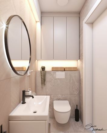 Łazienka z podświetlanymi szafkami nad WC