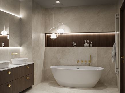 Wanna wolnostojąca w beżowej, eleganckiej łazience