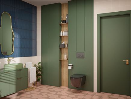 Łazienka w kolorach z zieloną zabudową