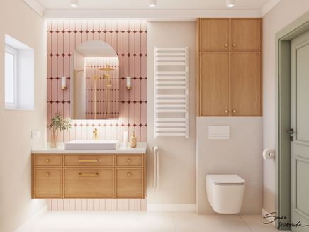 Różowe cegiełki w nowoczesnej łazience