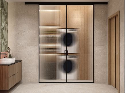 Łazienka w szarym kamieniu z zabudową wnękową