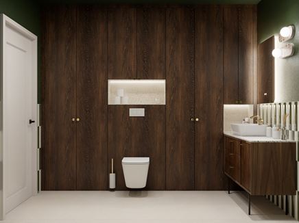 Łazienka z szachownicą i ciemną zabudową