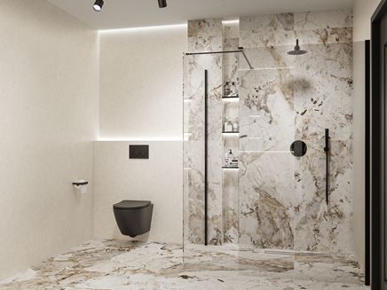 Szaro-beżowa łazienka z ceramiką podwieszaną