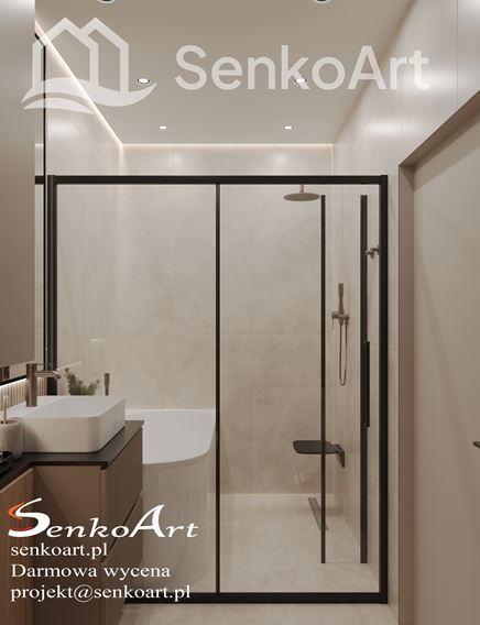 Mała łazienka z wanna i prysznicem za drzwiami przesuwnymi