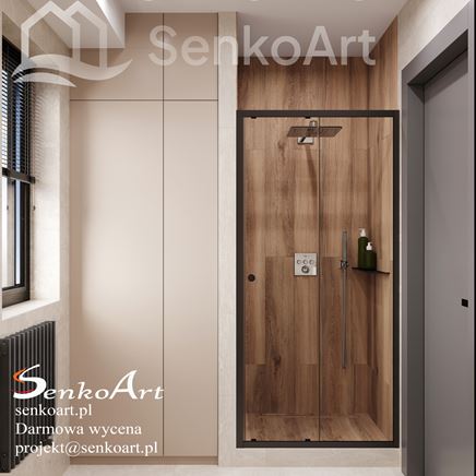 Mała łazienka z wnęką prysznicową w drewnopodobnych płytkach