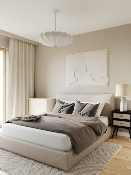 Beżowa sypialnia z dwoma różnymi stolikami nocnymi