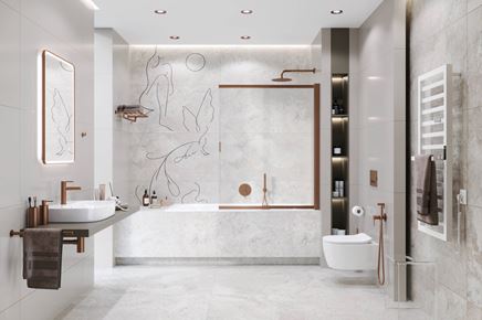 Szara łazienka w kamieniu z miedzianymi akcentami z wanną z parawanem