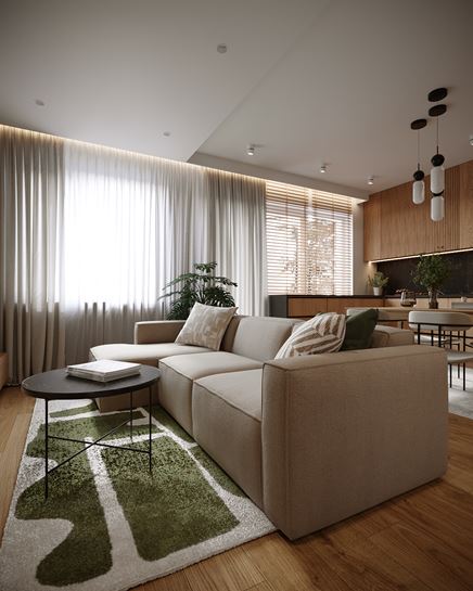 Krótki narożnik i biało-zielony dywan w salonie