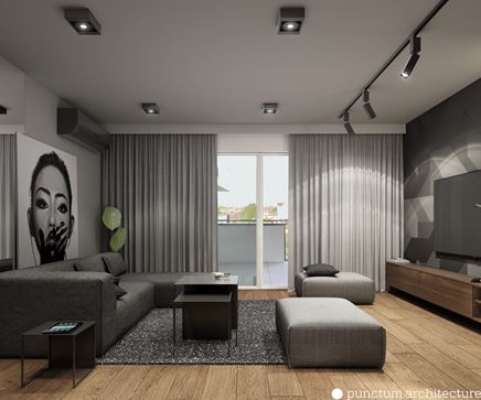 Szary salon z geometryczną tapetą za telewizorem